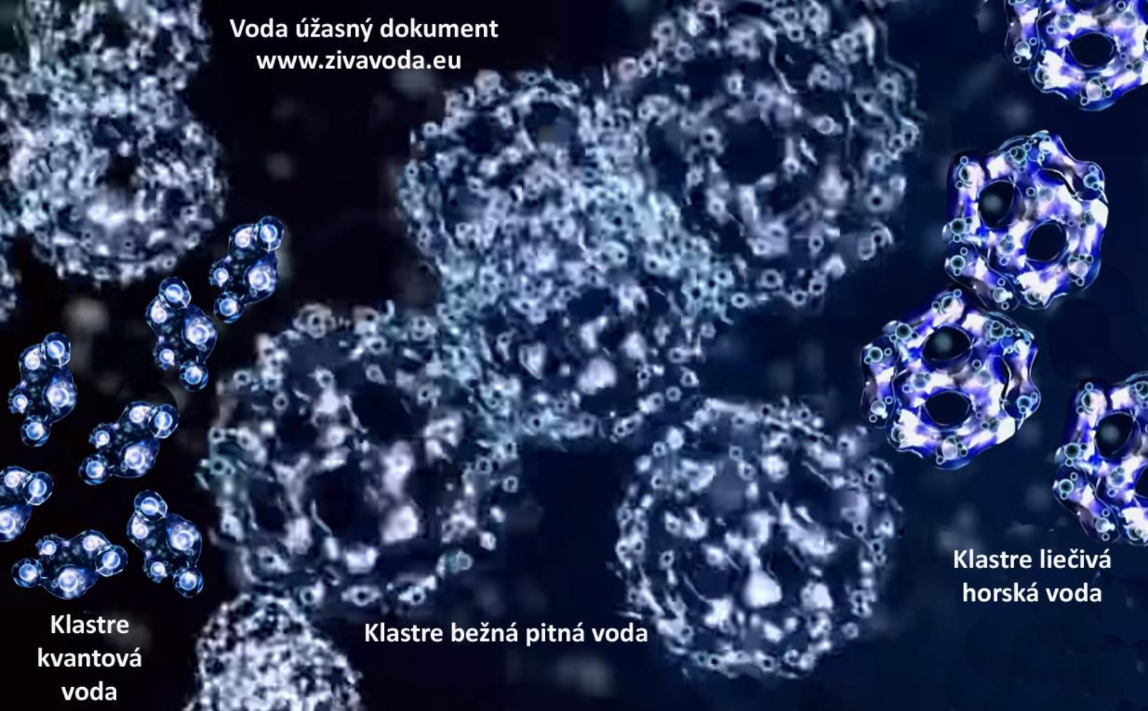 porovnanie klastrov vody: štruktúrovaná voda, voda z vodovodu, studničková liečivá voda